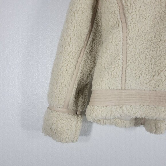 Abercrombie and Fitch Fleece Moto Jacket Women Small Faux Leather Trim Beige - Picture 9 of 13